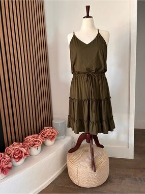 Olive Green Tiered Spaghetti-Strap Dress